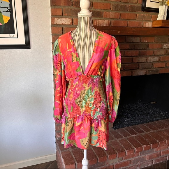 FARM Rio Sweet Forest Long Sleeve Floral Mini Dress Sz M - Picture 2 of 8